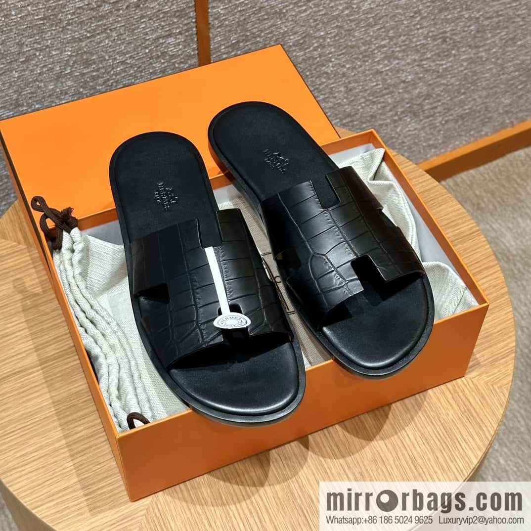 Hermès 182 Men's slippers Black/89/Black alligator/alligator🐊
