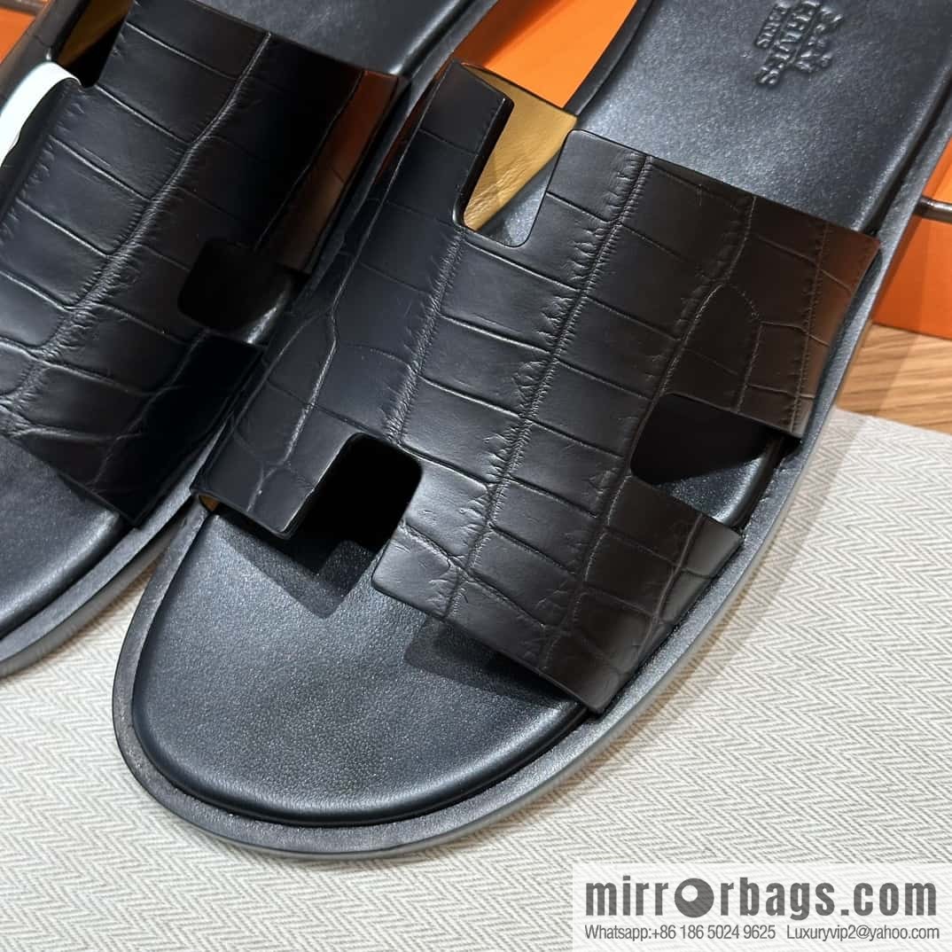 Hermès 182 Men's slippers Black/89/Black alligator/alligator🐊