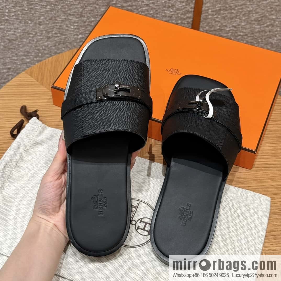 Hermès 183 GABRIEL men's sandals, black/ck89/Black palm print/Epsom