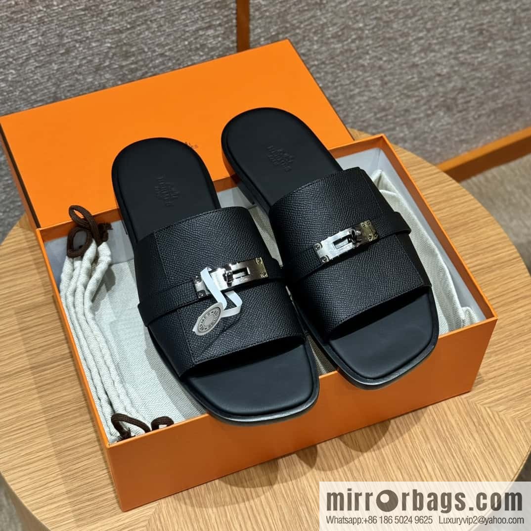 Hermès 183 GABRIEL men's sandals, black/ck89/Black palm print/Epsom