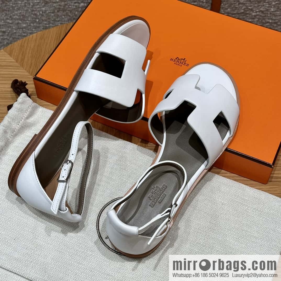 Hermès 196 Santorini Sandals 50 Plain Weave/Swift White/01/Blanc