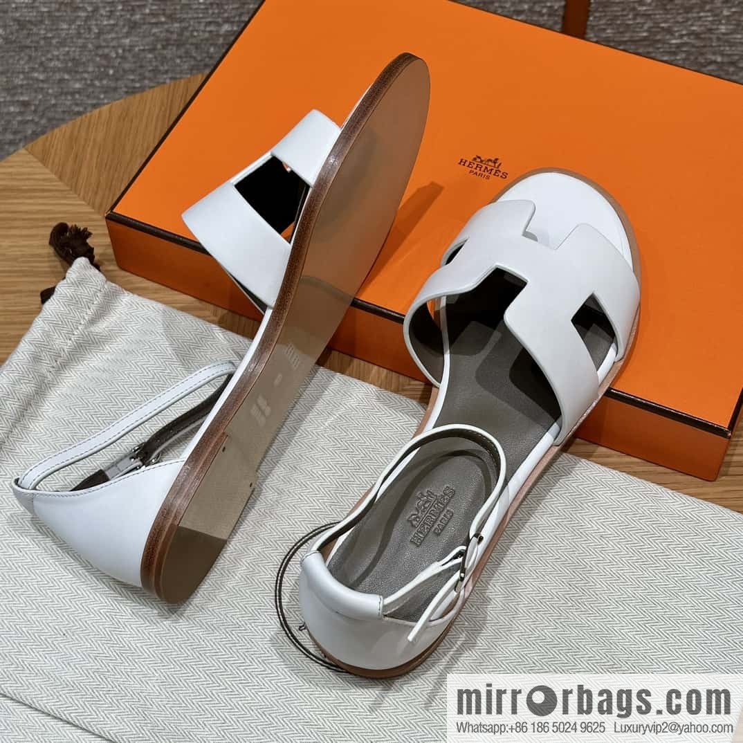 Hermès 196 Santorini Sandals 50 Plain Weave/Swift White/01/Blanc