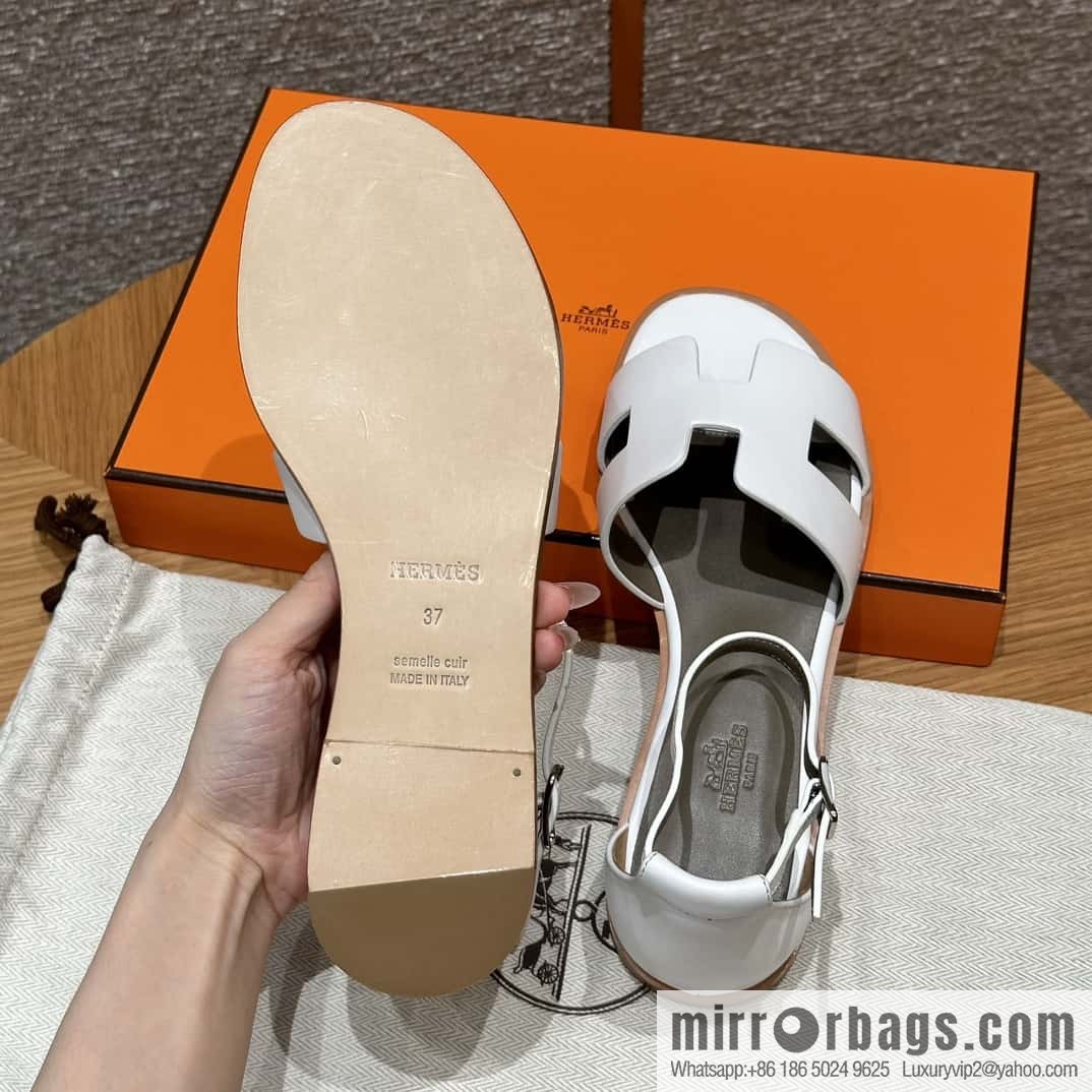 Hermès 196 Santorini Sandals 50 Plain Weave/Swift White/01/Blanc