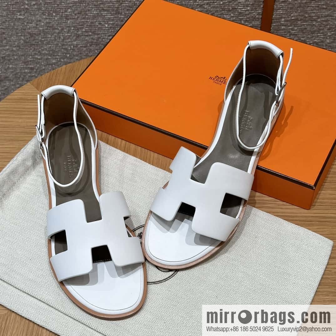 Hermès 196 Santorini Sandals 50 Plain Weave/Swift White/01/Blanc