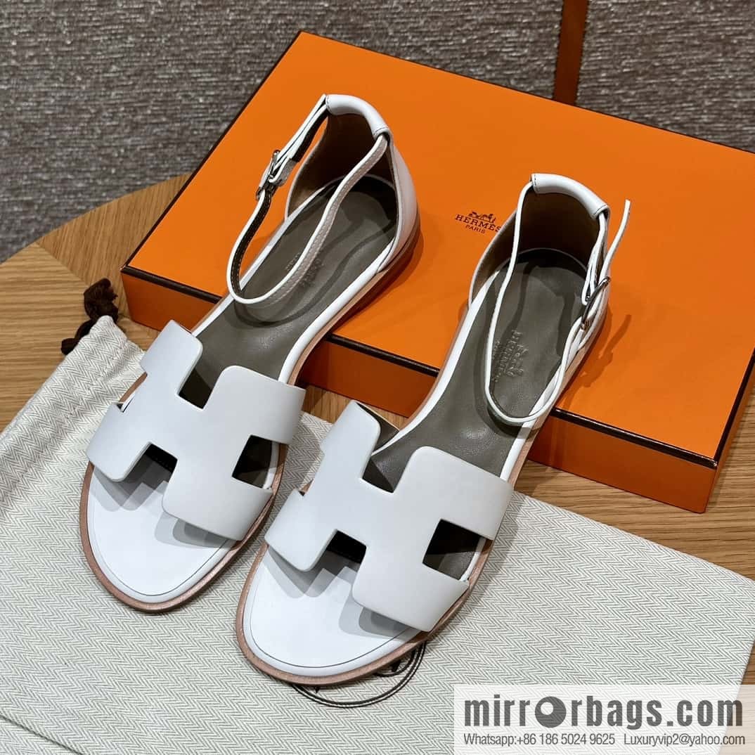 Hermès 196 Santorini Sandals 50 Plain Weave/Swift White/01/Blanc