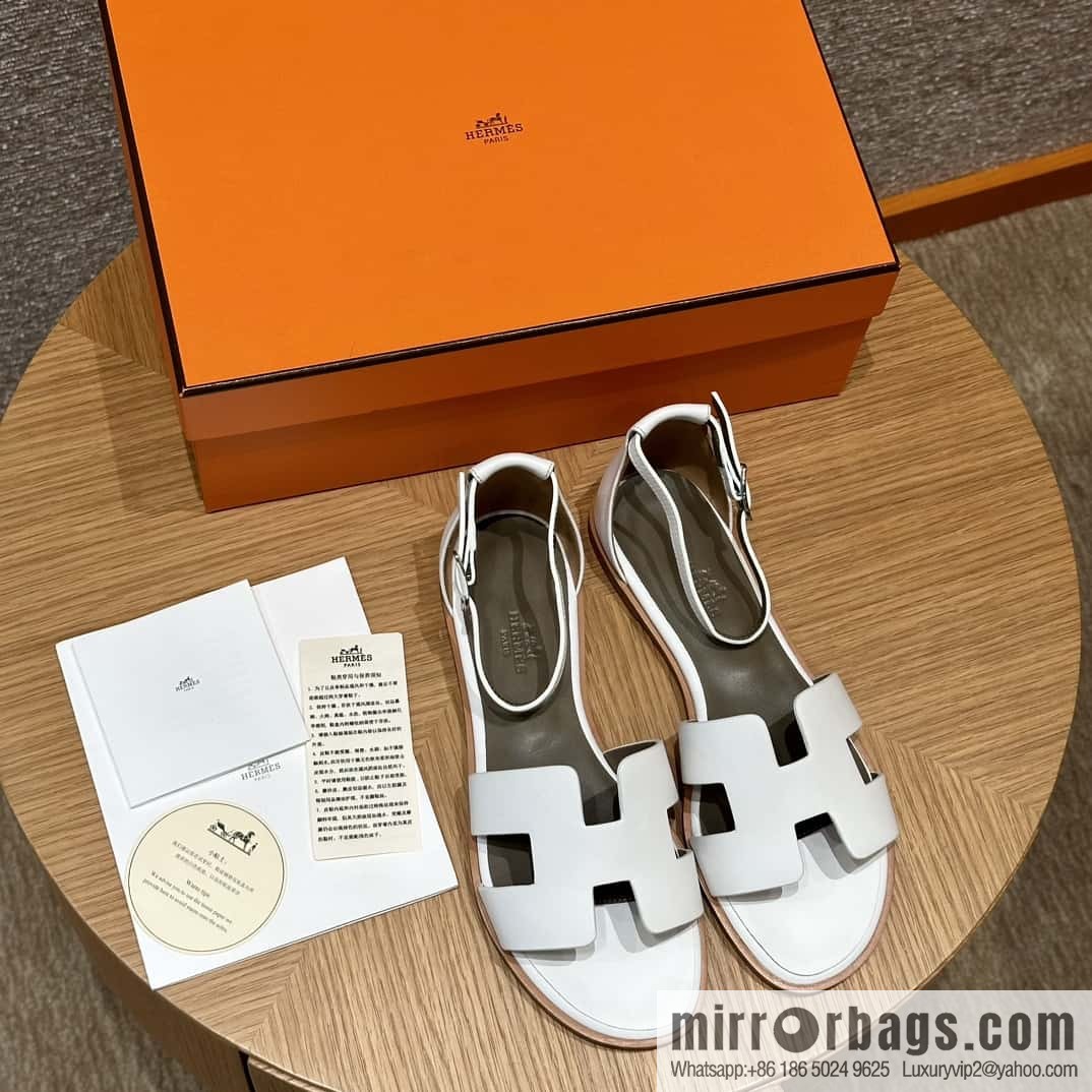 Hermès 196 Santorini Sandals 50 Plain Weave/Swift White/01/Blanc