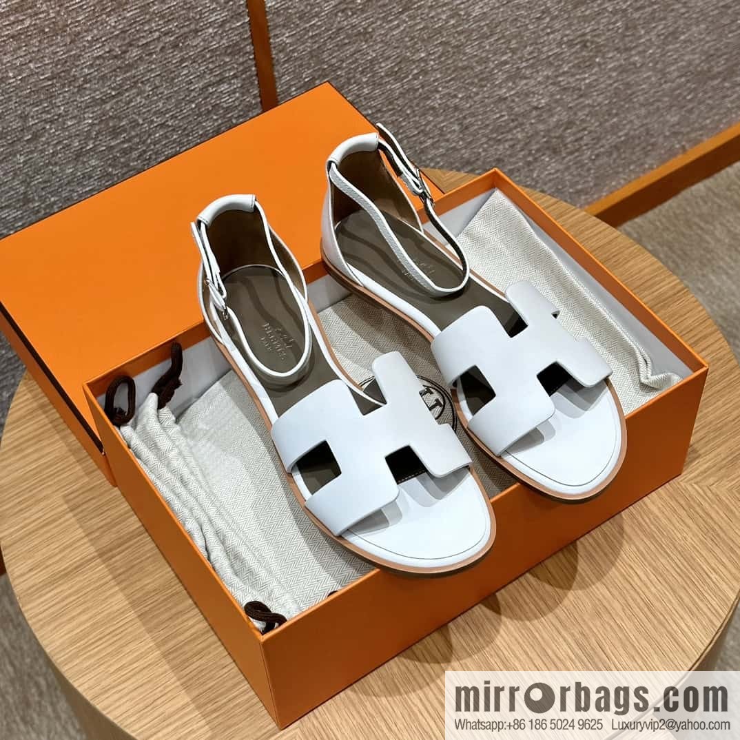 Hermès 196 Santorini Sandals 50 Plain Weave/Swift White/01/Blanc