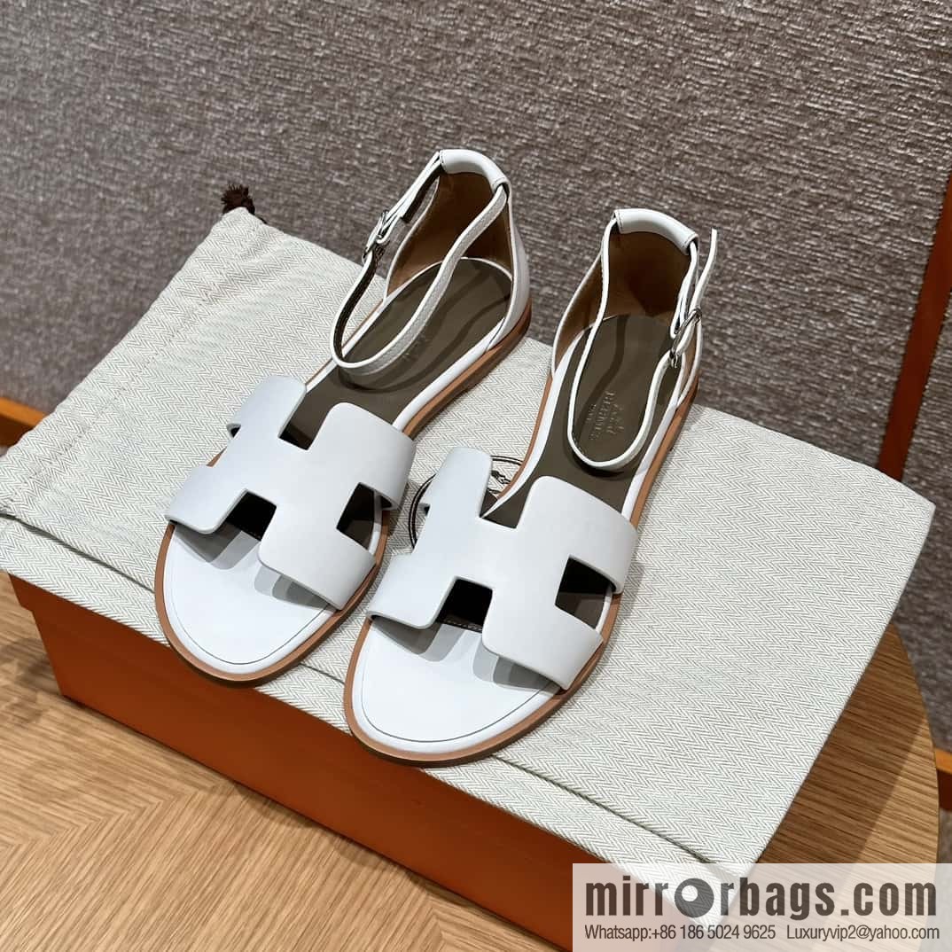 Hermès 196 Santorini Sandals 50 Plain Weave/Swift White/01/Blanc