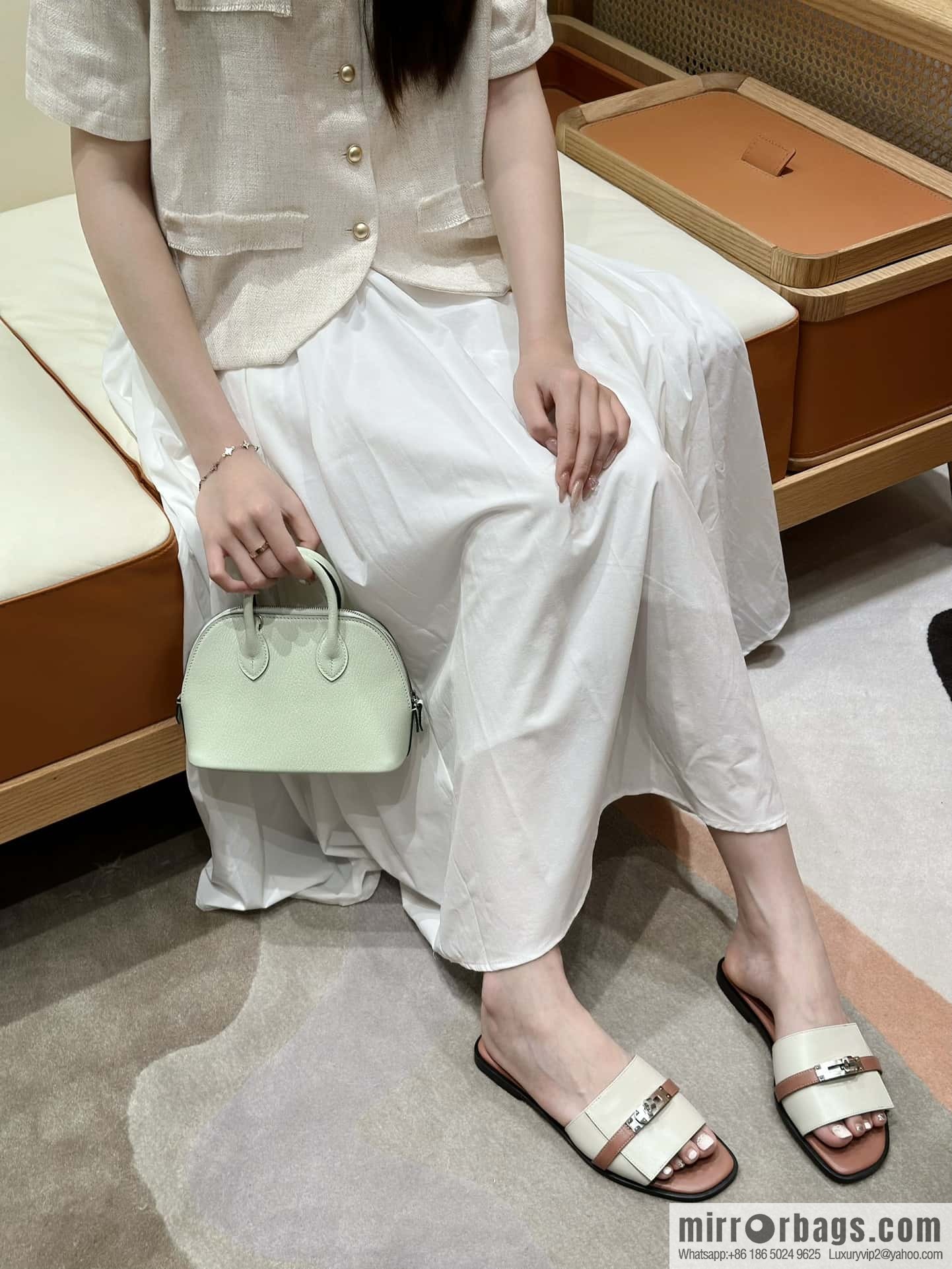 Hermès 183Kelly tow sandals Gigi plain weave/Swift milkshake white/ck10/Craie/Nude pink