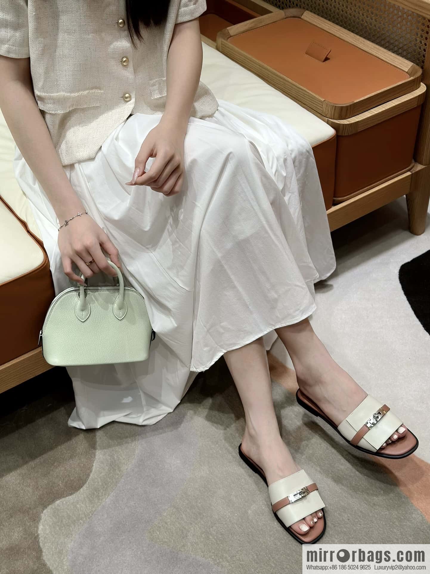 Hermès 183Kelly tow sandals Gigi plain weave/Swift milkshake white/ck10/Craie/Nude pink