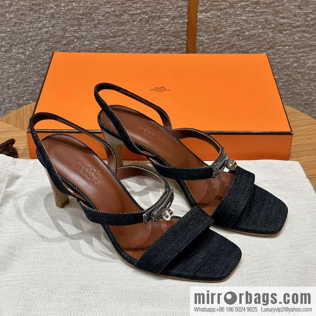 Hermès 160 Glamour Sandals 75 calfskin/calfskin, dark denim/Dark denim