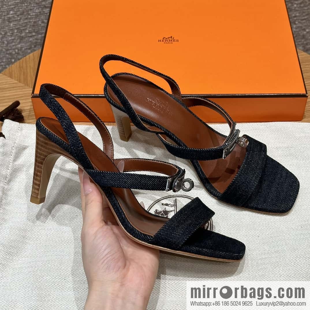 Hermès 160 Glamour Sandals 75 calfskin/calfskin, dark denim/Dark denim