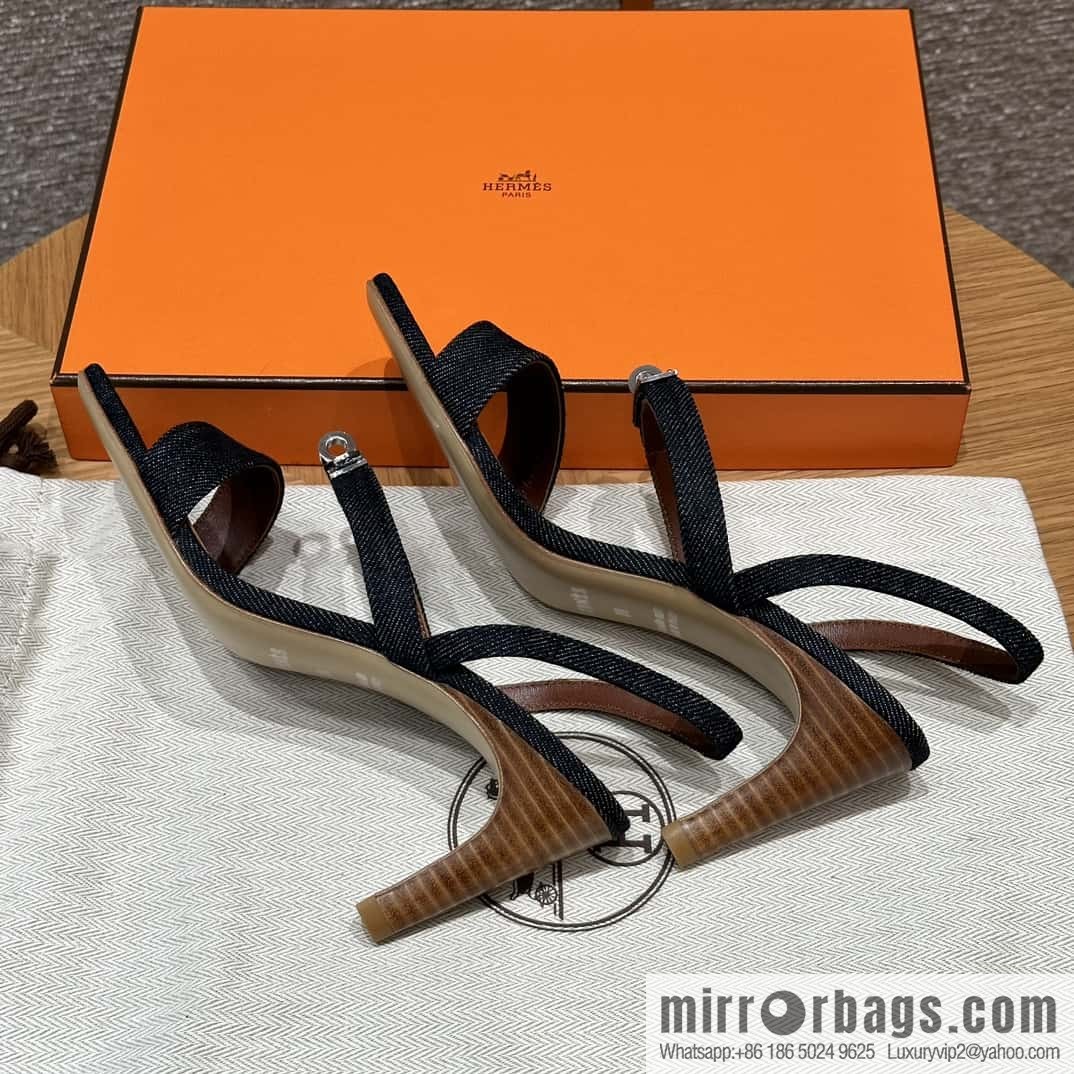 Hermès 160 Glamour Sandals 75 calfskin/calfskin, dark denim/Dark denim