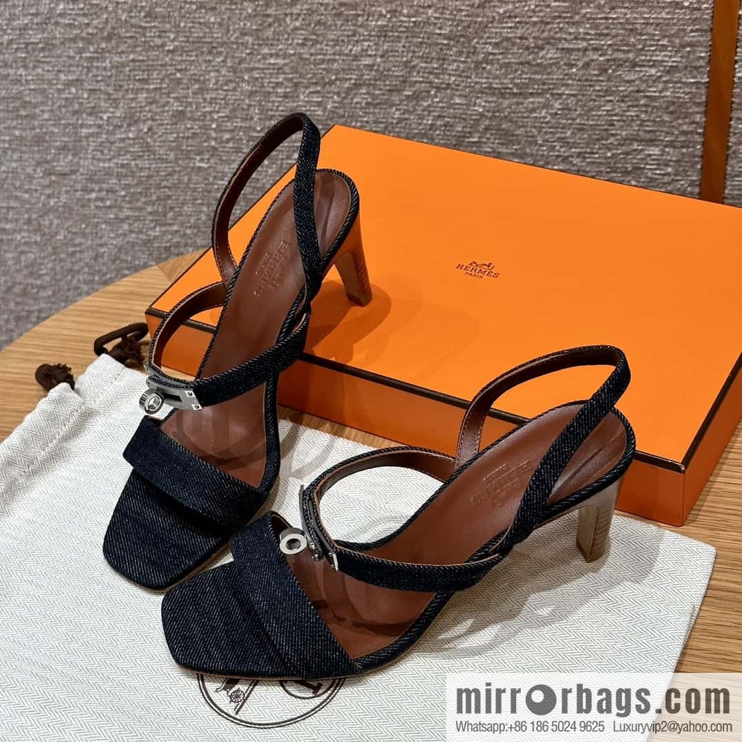 Hermès 160 Glamour Sandals 75 calfskin/calfskin, dark denim/Dark denim
