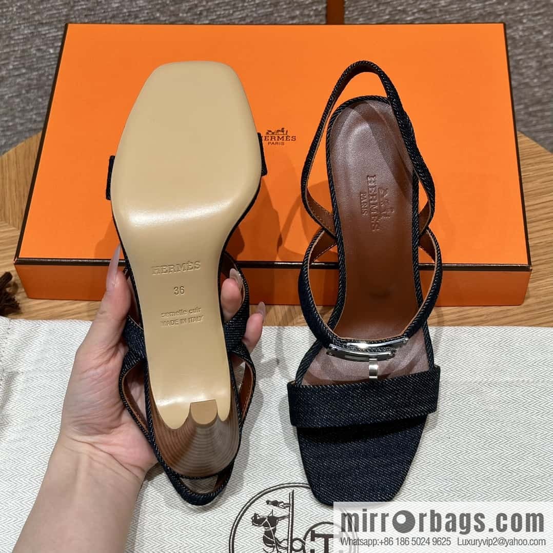 Hermès 160 Glamour Sandals 75 calfskin/calfskin, dark denim/Dark denim