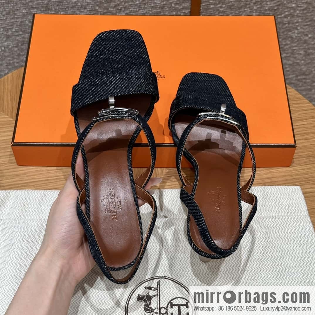 Hermès 160 Glamour Sandals 75 calfskin/calfskin, dark denim/Dark denim