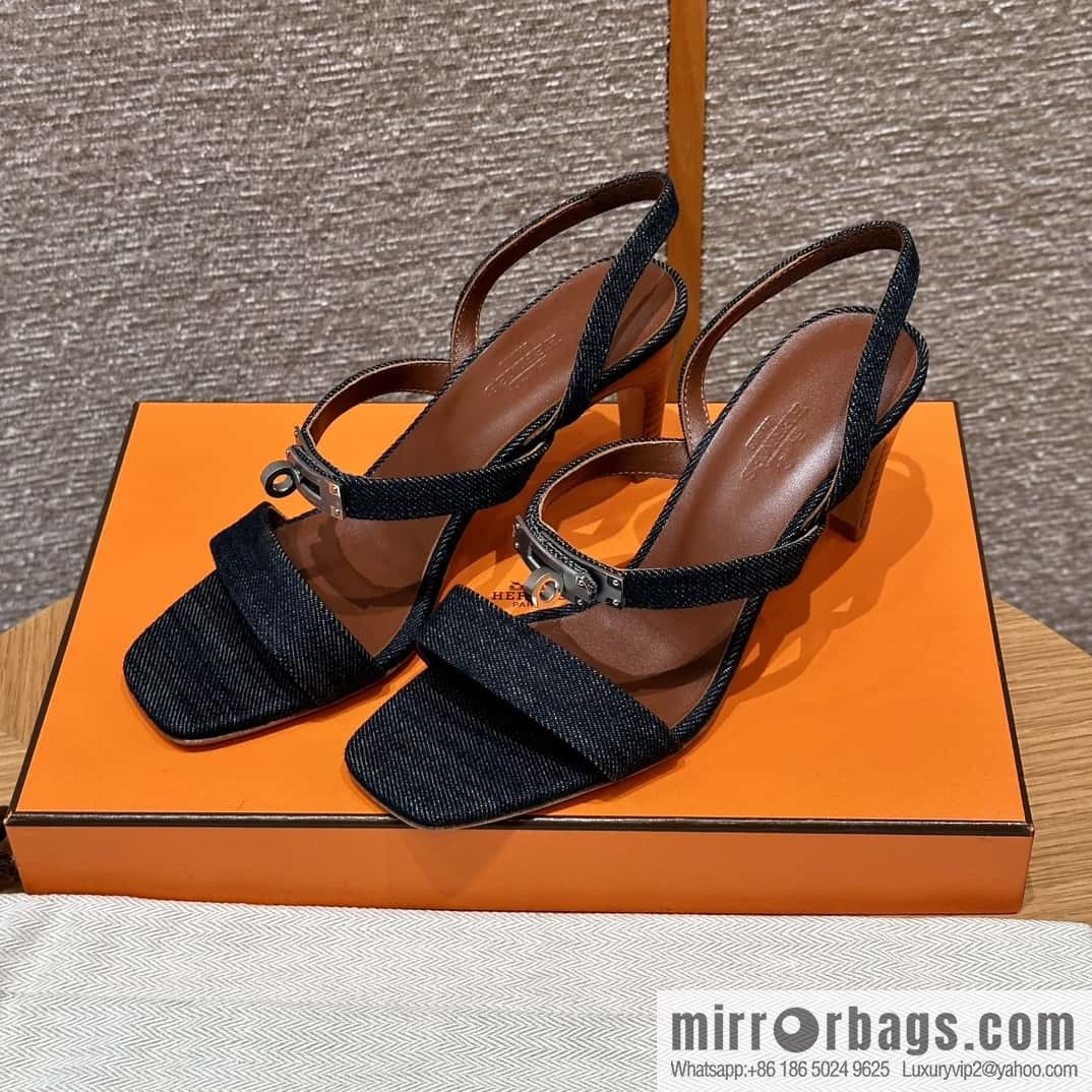 Hermès 160 Glamour Sandals 75 calfskin/calfskin, dark denim/Dark denim