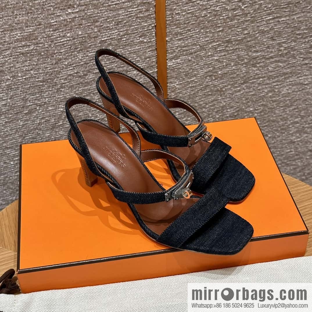 Hermès 160 Glamour Sandals 75 calfskin/calfskin, dark denim/Dark denim