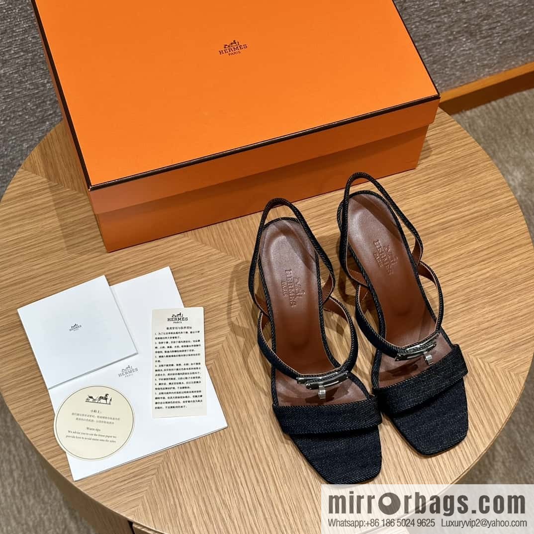 Hermès 160 Glamour Sandals 75 calfskin/calfskin, dark denim/Dark denim