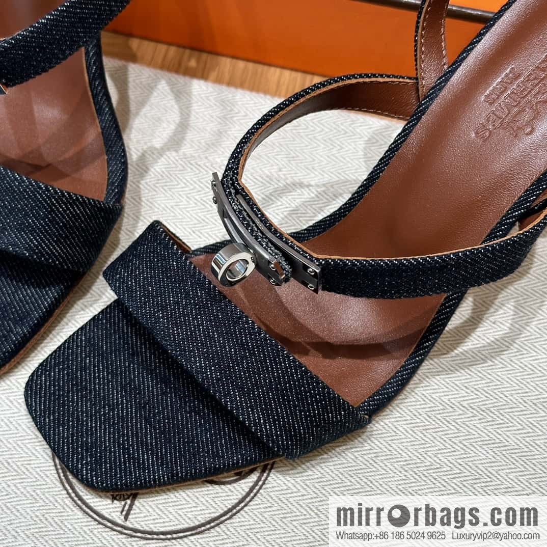 Hermès 160 Glamour Sandals 75 calfskin/calfskin, dark denim/Dark denim