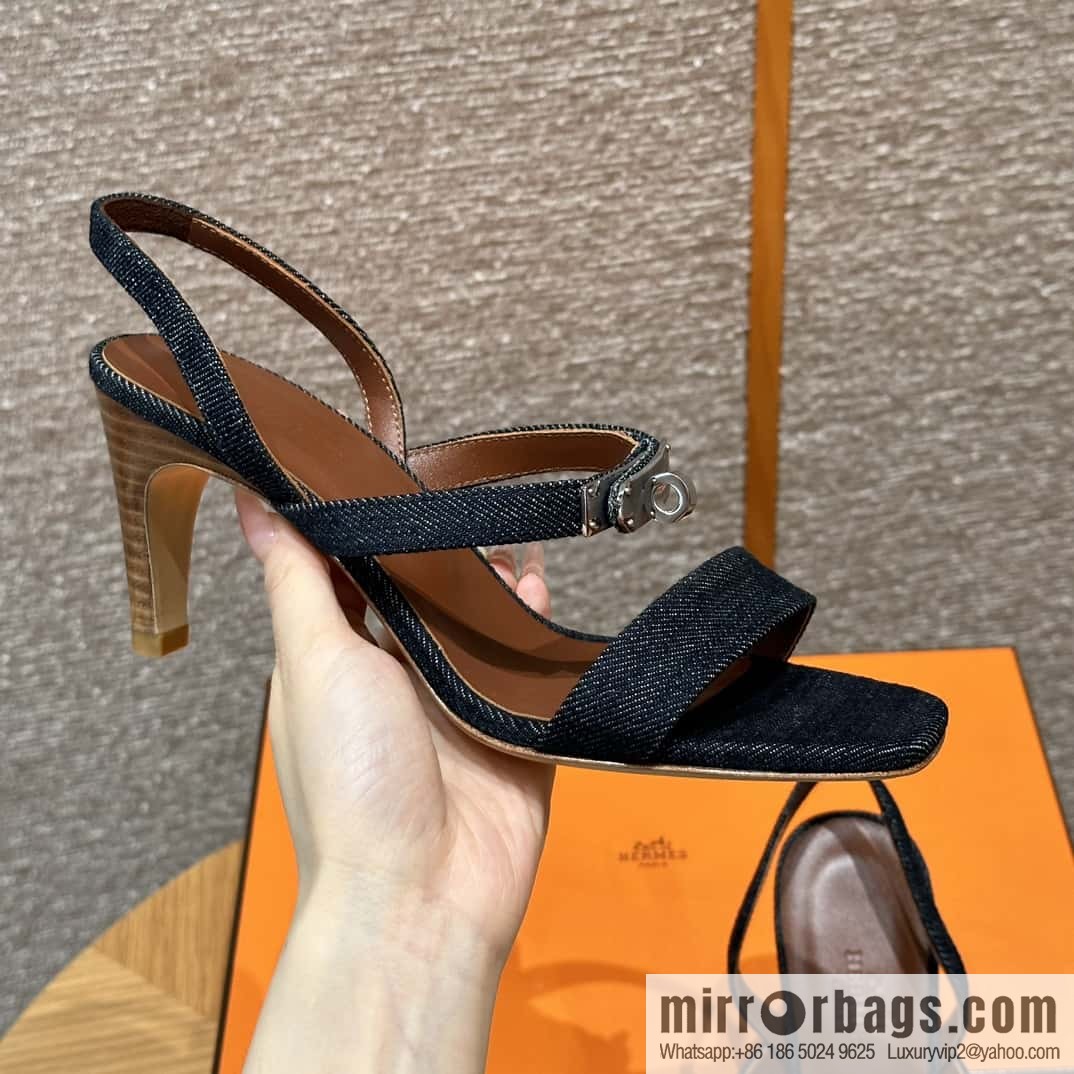 Hermès 160 Glamour Sandals 75 calfskin/calfskin, dark denim/Dark denim