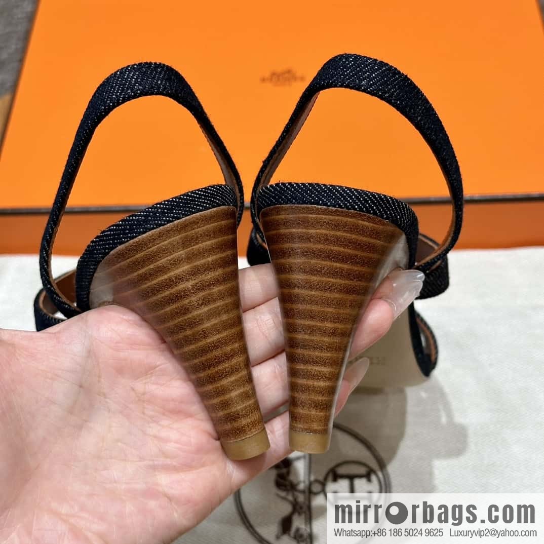 Hermès 160 Glamour Sandals 75 calfskin/calfskin, dark denim/Dark denim
