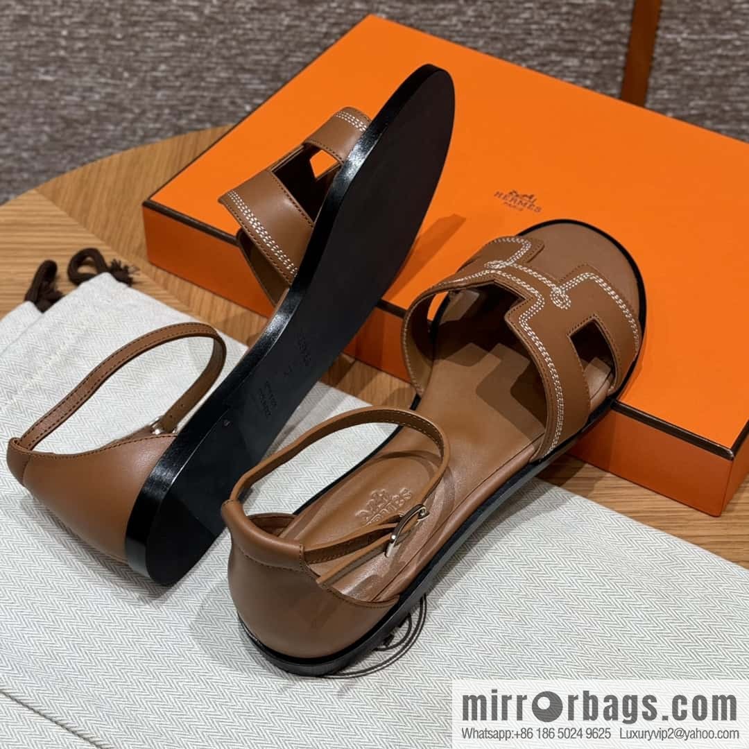 Hermès 196 Santorini sandals 50 plain/Swift gold brown/ck37/gold
