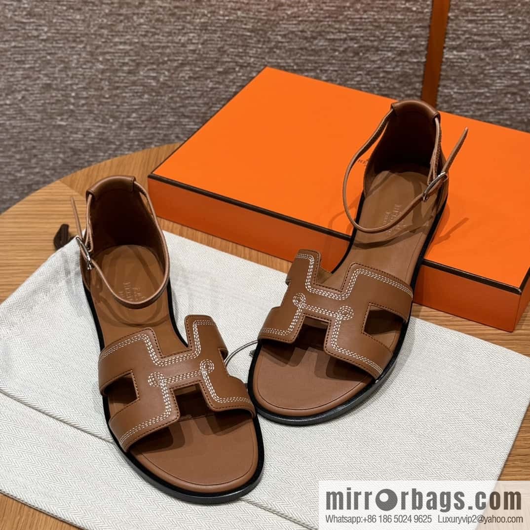 Hermès 196 Santorini sandals 50 plain/Swift gold brown/ck37/gold