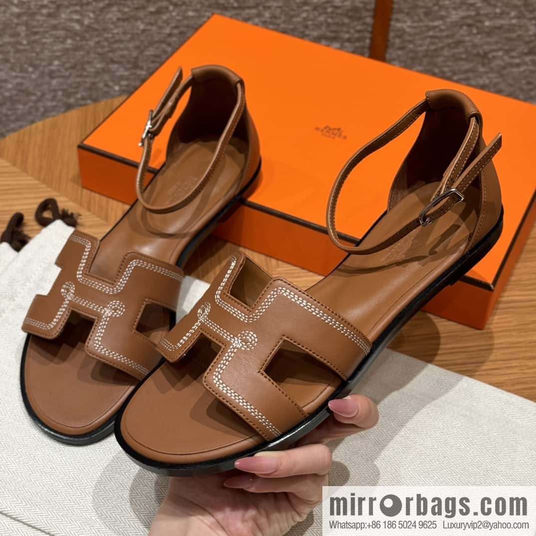 Hermès 196 Santorini sandals 50 plain/Swift gold brown/ck37/gold
