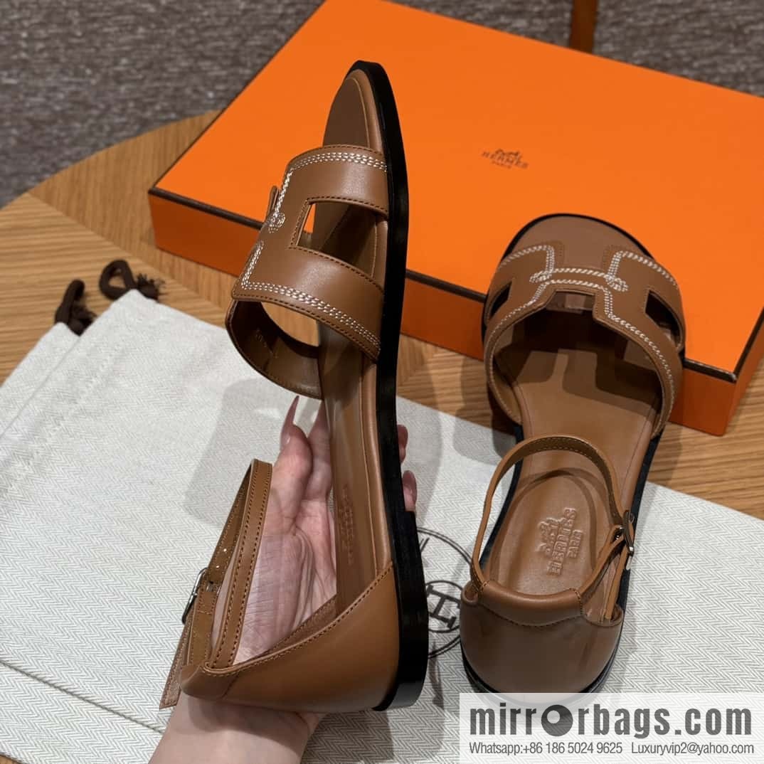 Hermès 196 Santorini sandals 50 plain/Swift gold brown/ck37/gold