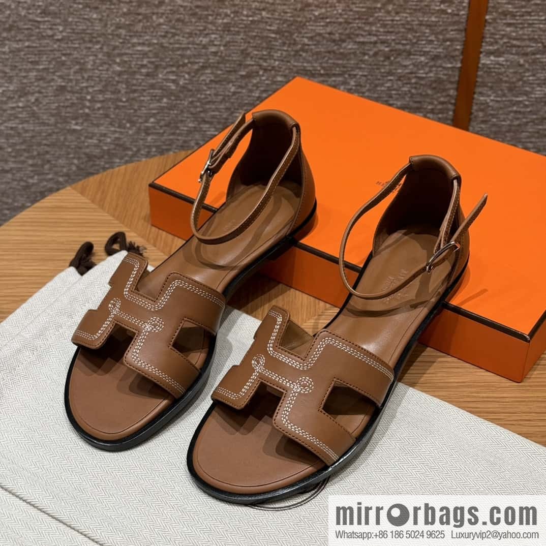 Hermès 196 Santorini sandals 50 plain/Swift gold brown/ck37/gold