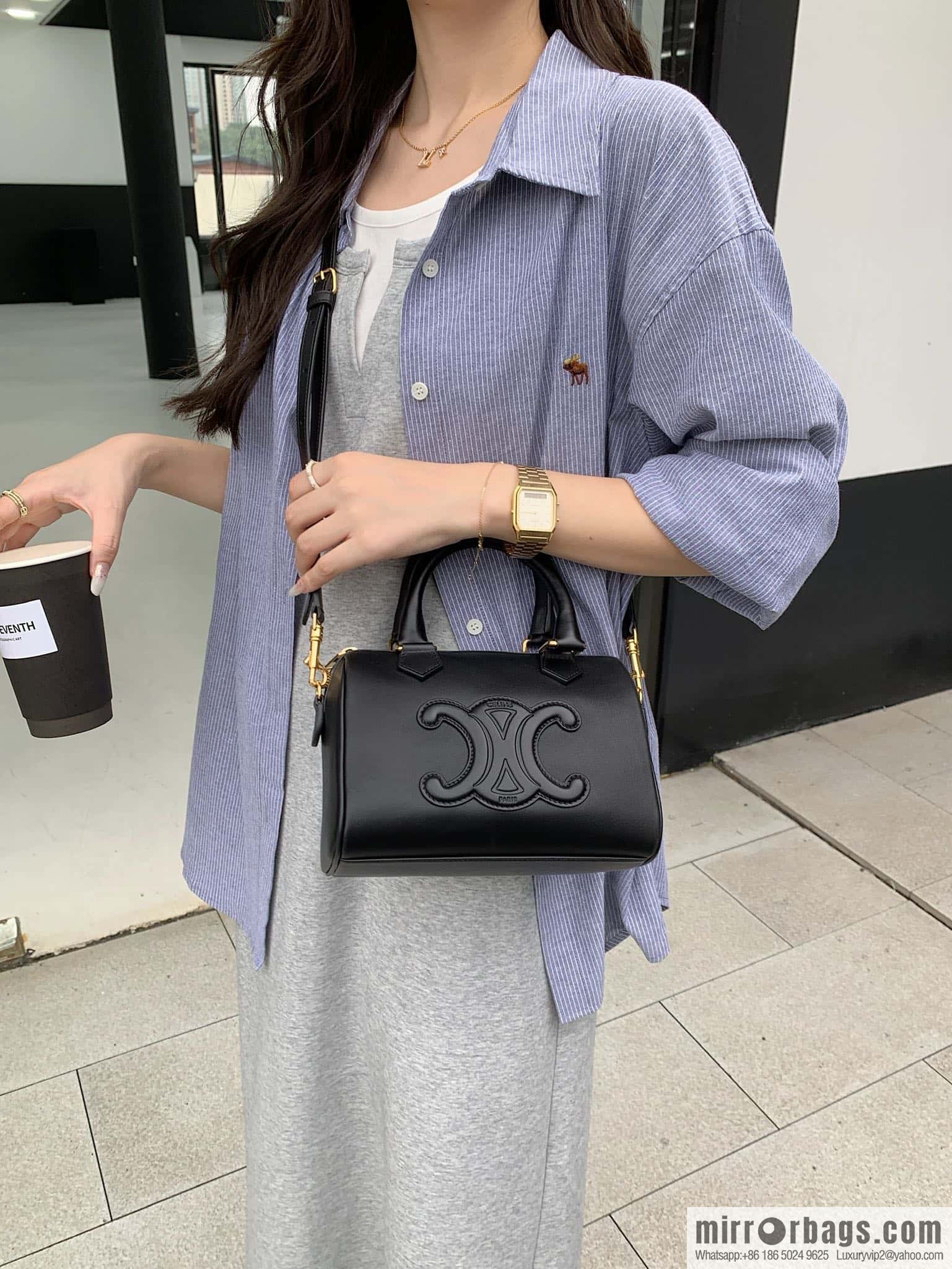 CELINE small smooth cow leather (fabric) Boston bag 113773 black