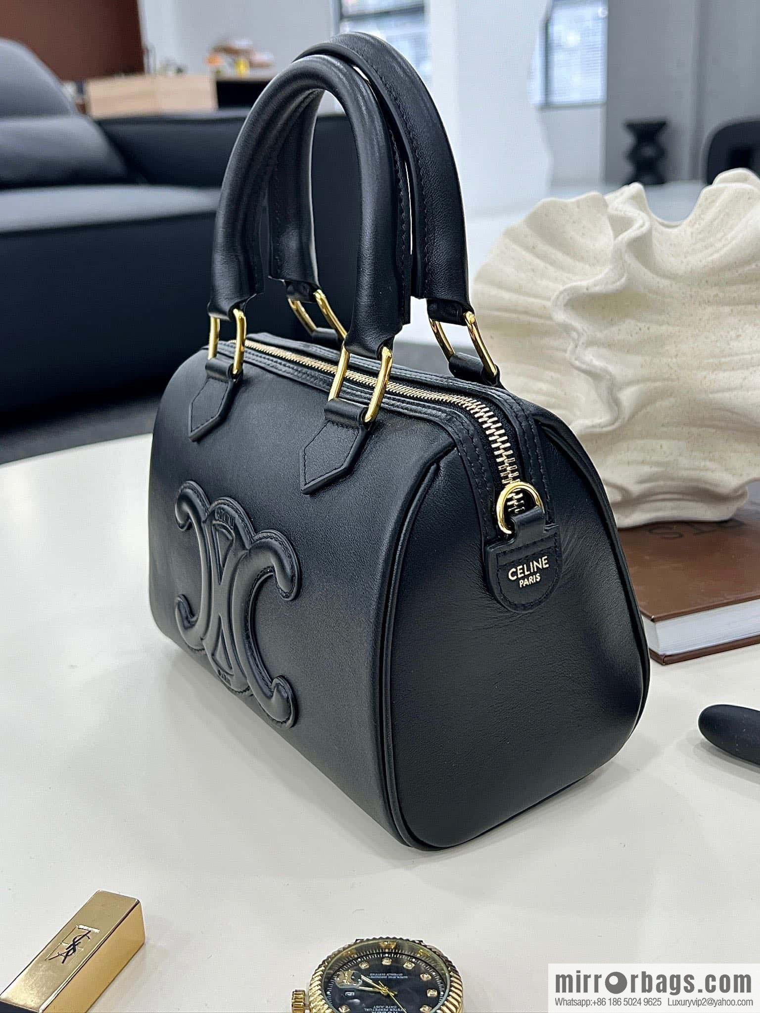 CELINE small smooth cow leather (fabric) Boston bag 113773 black