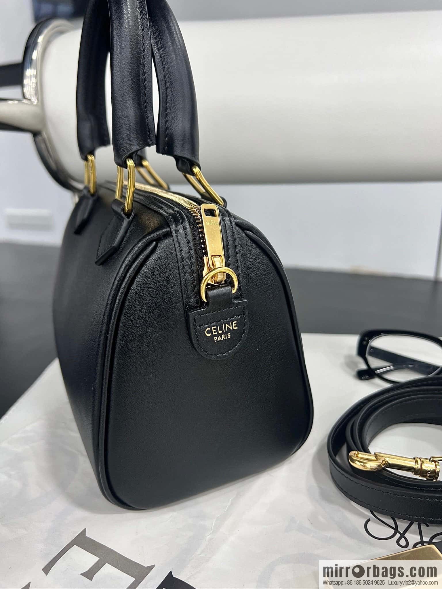 CELINE small smooth cow leather (fabric) Boston bag 113773 black