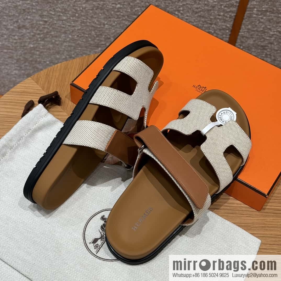 Hermès 225 CHYPRE SANDAL uncle shoes, brown patchwork/Ck37/gold/Cloth plain weave/Cloth/swift