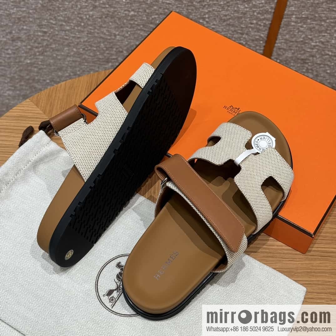Hermès 225 CHYPRE SANDAL uncle shoes, brown patchwork/Ck37/gold/Cloth plain weave/Cloth/swift