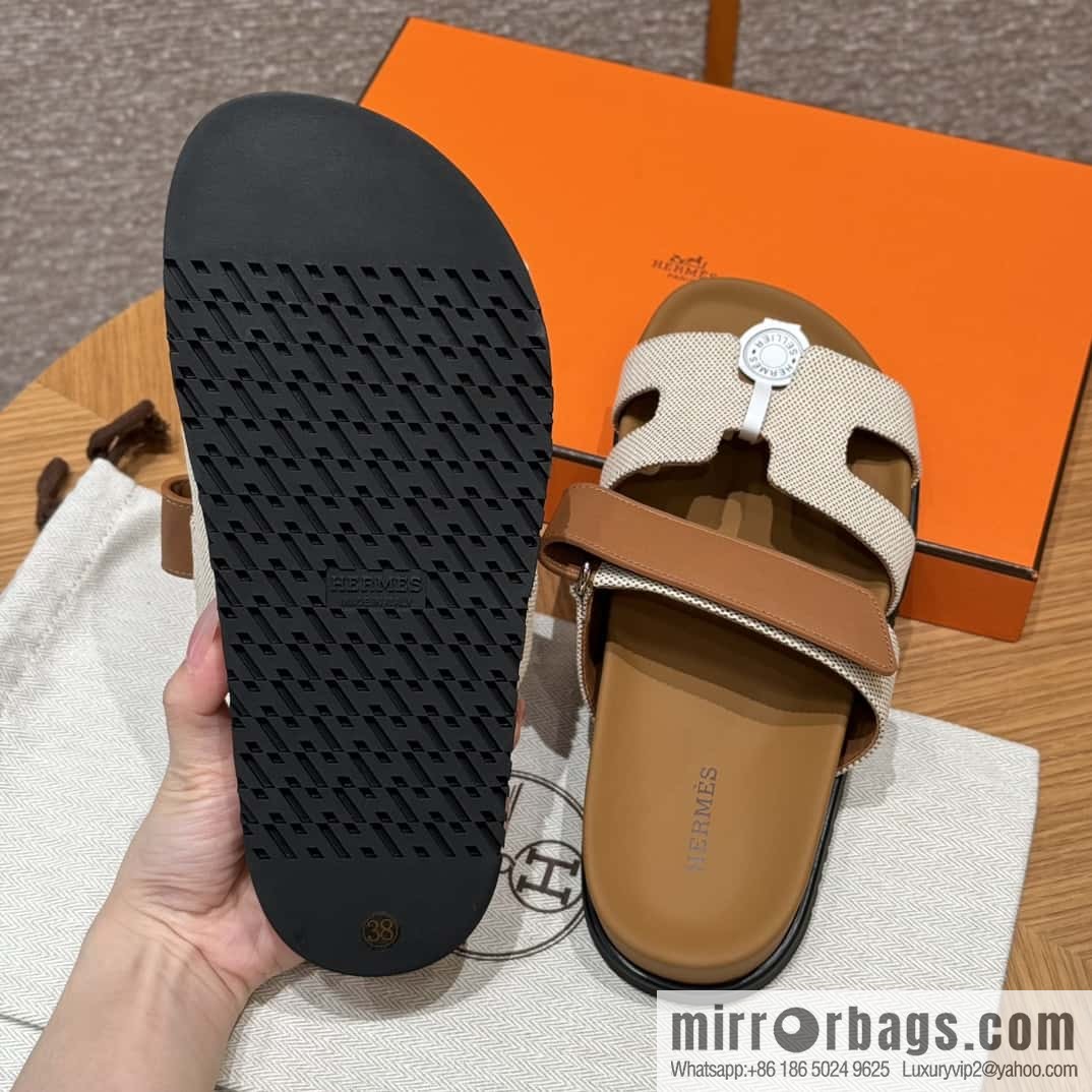 Hermès 225 CHYPRE SANDAL uncle shoes, brown patchwork/Ck37/gold/Cloth plain weave/Cloth/swift