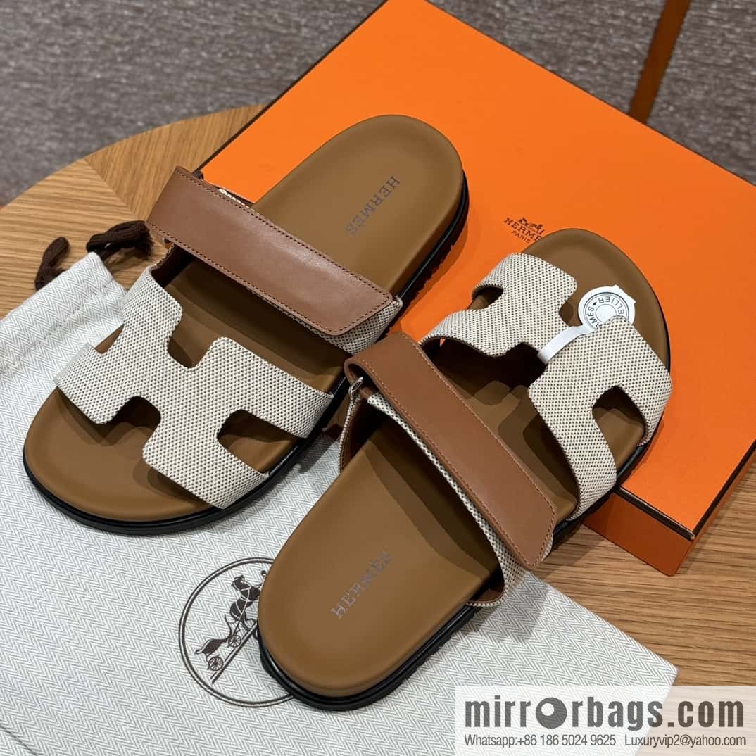 Hermès 225 CHYPRE SANDAL uncle shoes, brown patchwork/Ck37/gold/Cloth plain weave/Cloth/swift