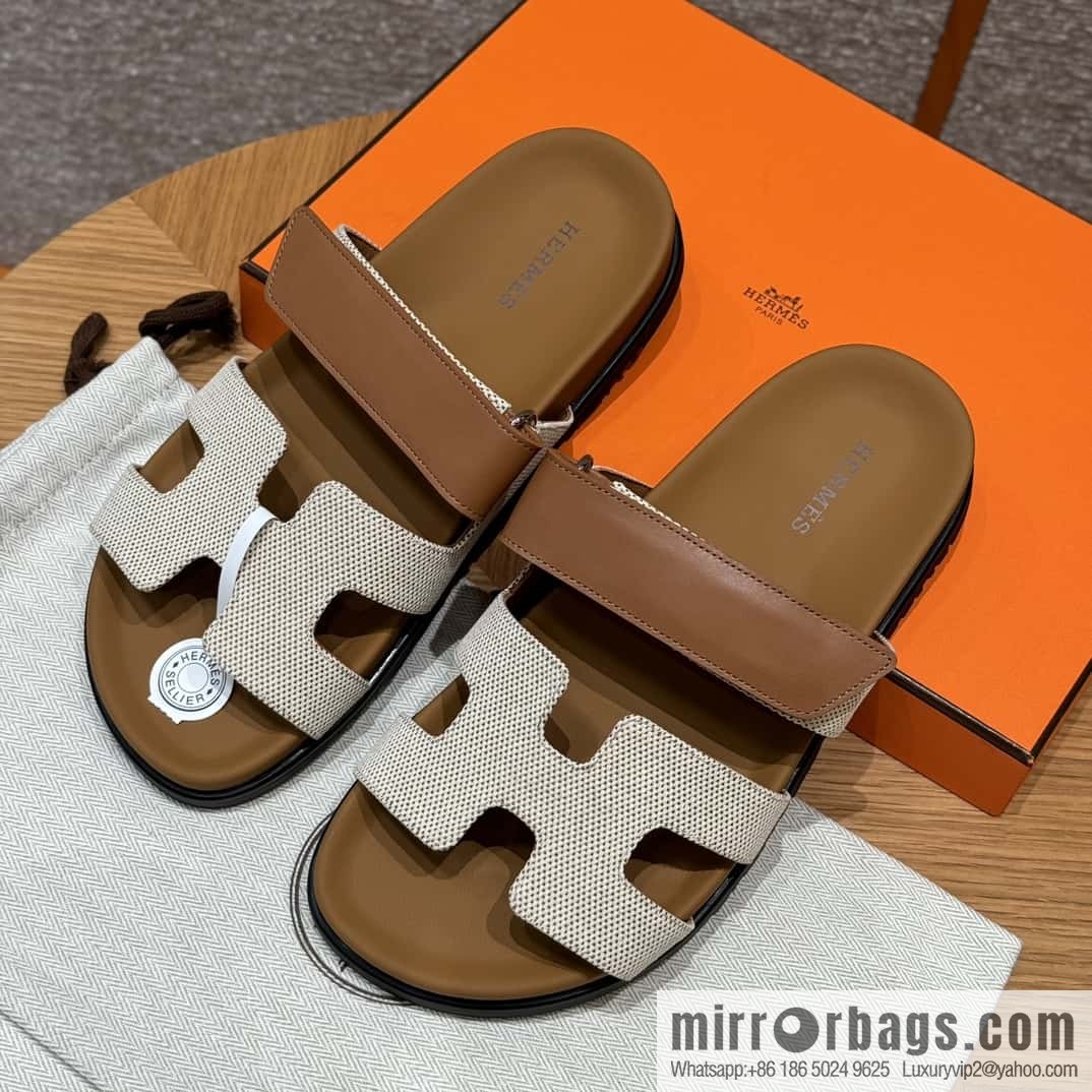 Hermès 225 CHYPRE SANDAL uncle shoes, brown patchwork/Ck37/gold/Cloth plain weave/Cloth/swift