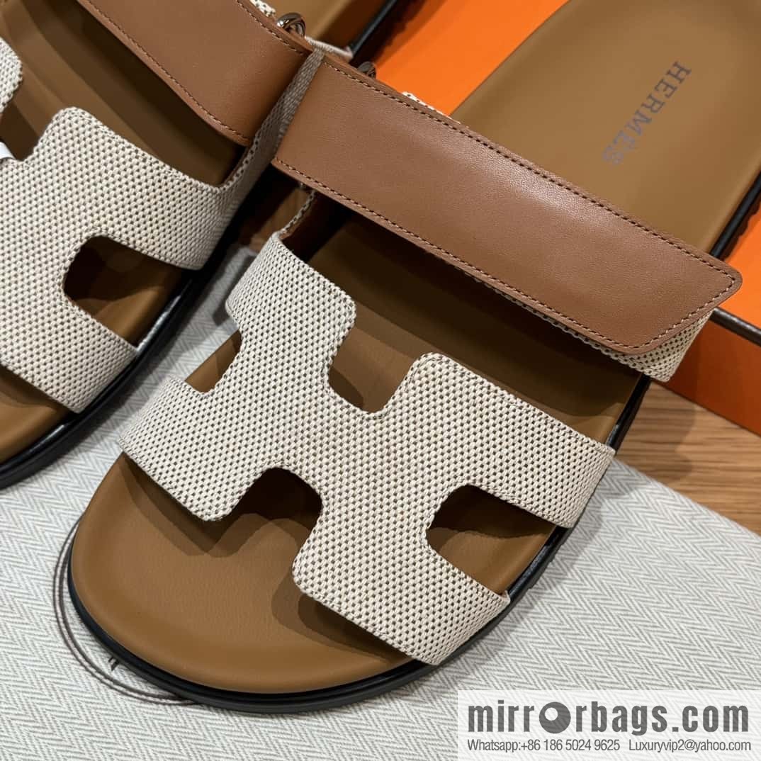 Hermès 225 CHYPRE SANDAL uncle shoes, brown patchwork/Ck37/gold/Cloth plain weave/Cloth/swift