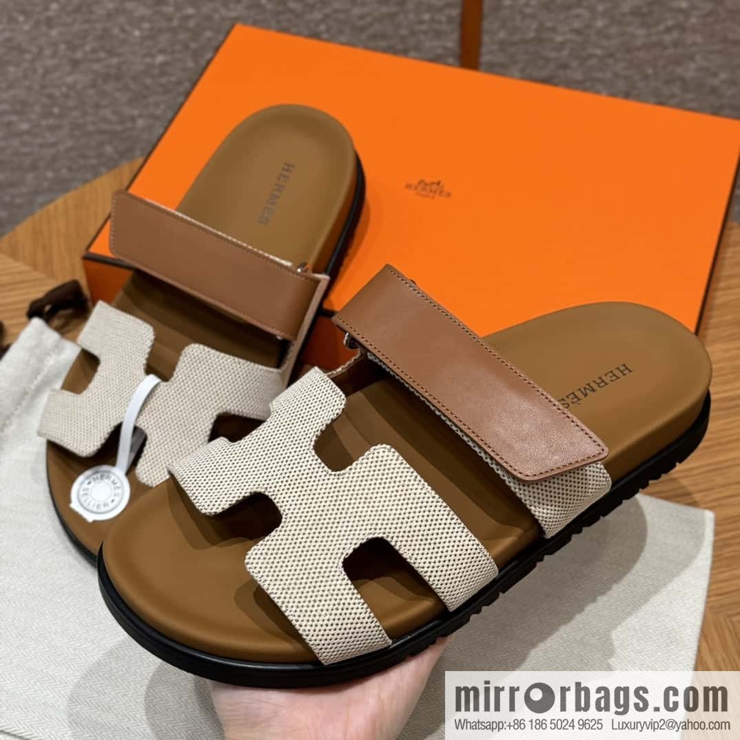 Hermès 225 CHYPRE SANDAL uncle shoes, brown patchwork/Ck37/gold/Cloth plain weave/Cloth/swift