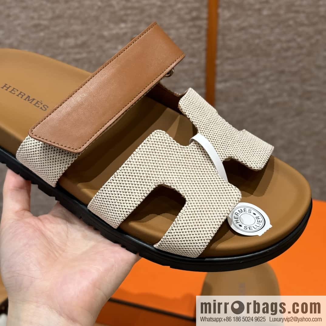 Hermès 225 CHYPRE SANDAL uncle shoes, brown patchwork/Ck37/gold/Cloth plain weave/Cloth/swift