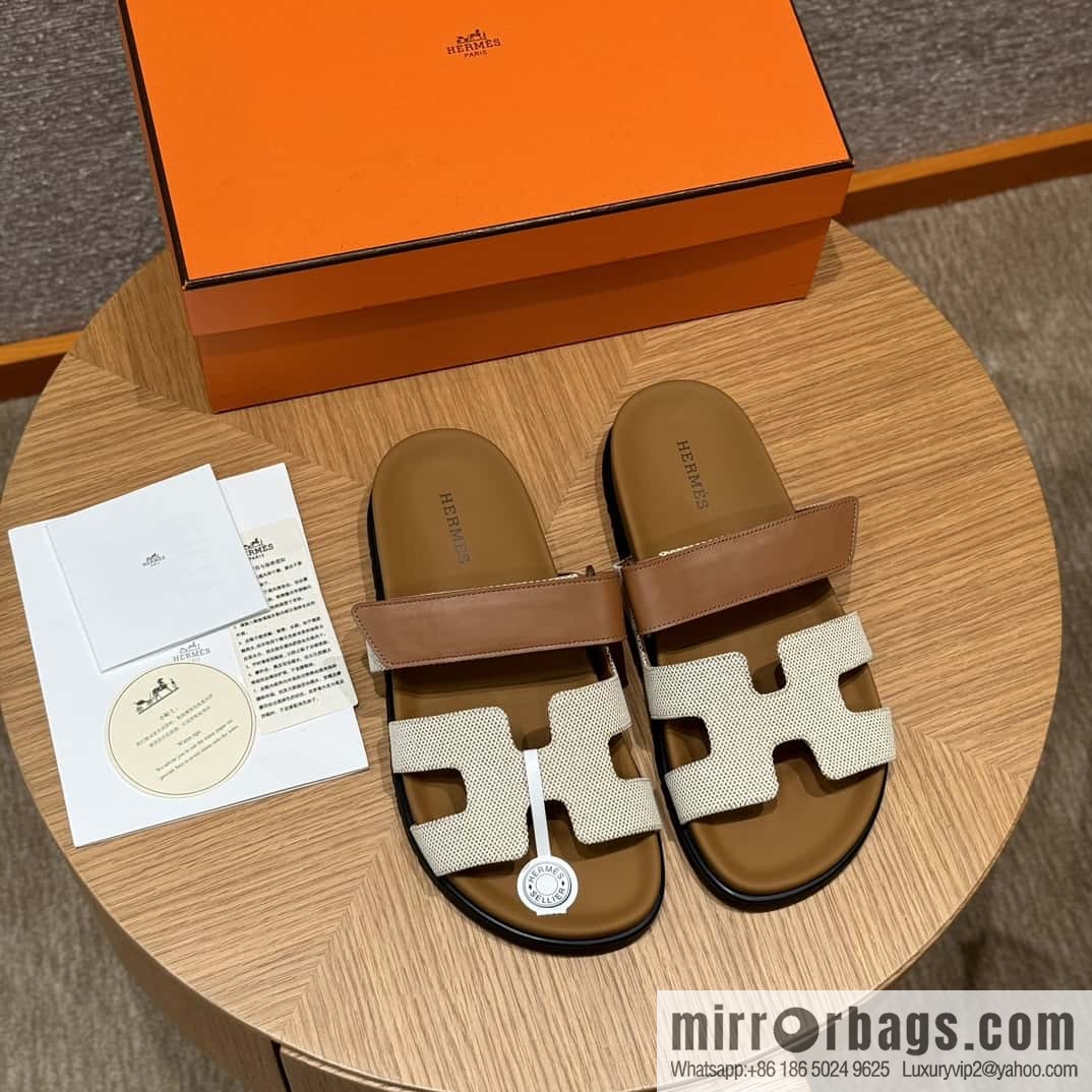 Hermès 225 CHYPRE SANDAL uncle shoes, brown patchwork/Ck37/gold/Cloth plain weave/Cloth/swift