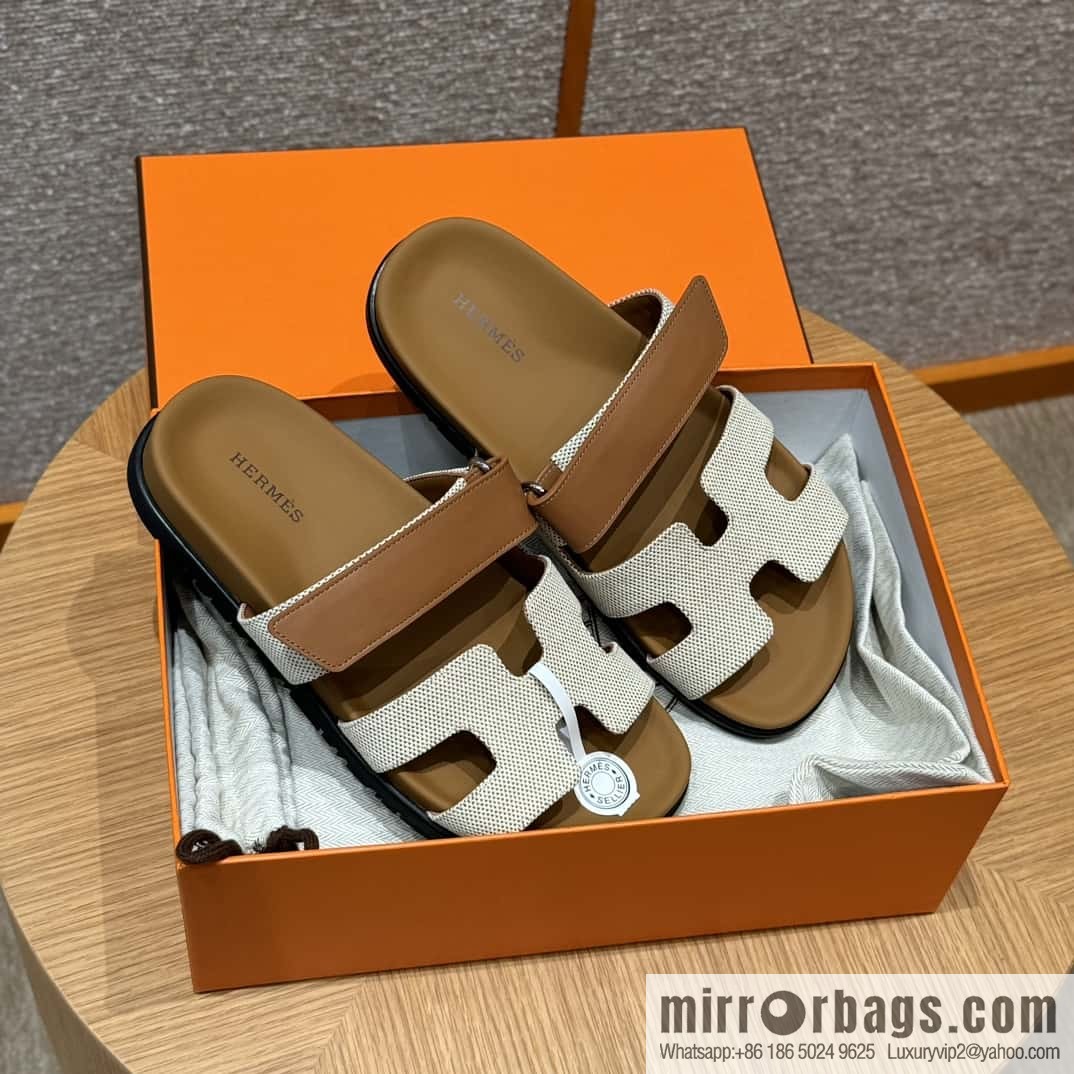 Hermès 225 CHYPRE SANDAL uncle shoes, brown patchwork/Ck37/gold/Cloth plain weave/Cloth/swift