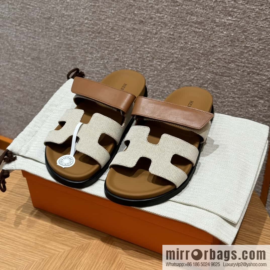 Hermès 225 CHYPRE SANDAL uncle shoes, brown patchwork/Ck37/gold/Cloth plain weave/Cloth/swift