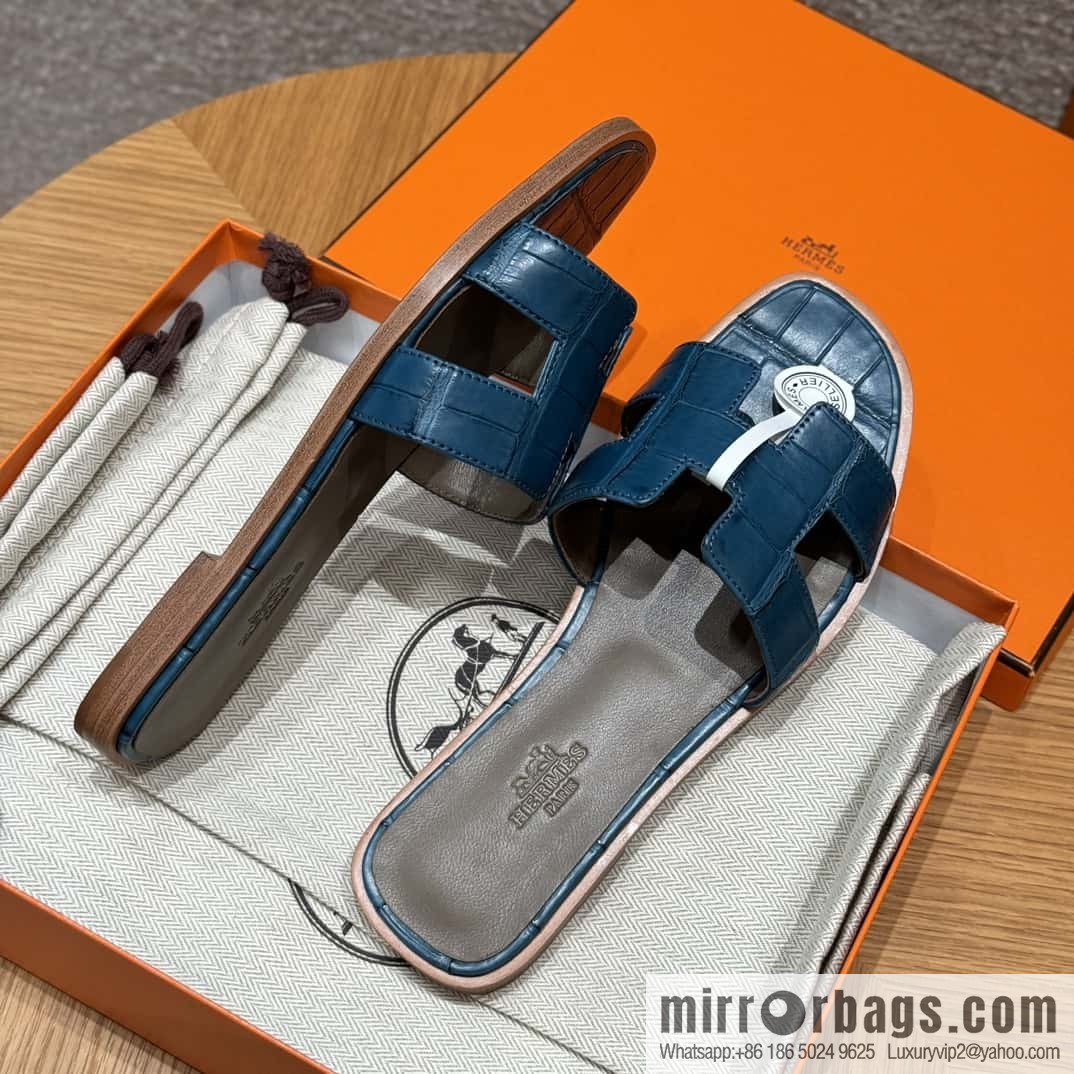 Hermès 181 Oran Sandals, Greek Blue/7Q/Mykonos Crocodile/alligator🐊