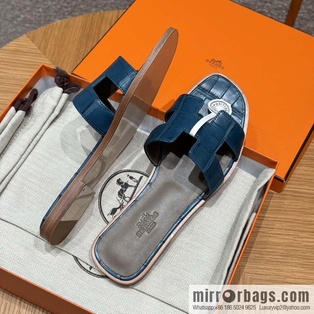 Hermès 181 Oran Sandals, Greek Blue/7Q/Mykonos Crocodile/alligator🐊
