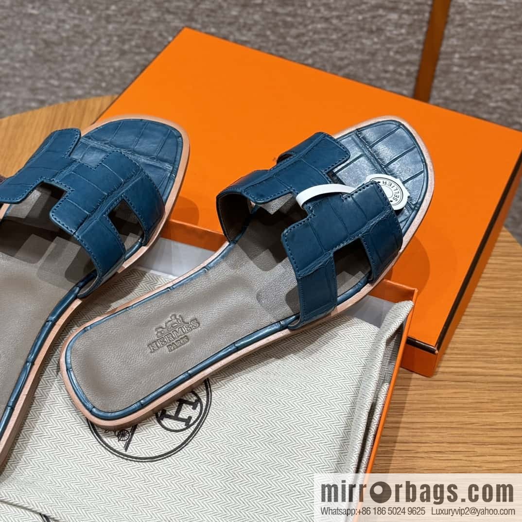 Hermès 181 Oran Sandals, Greek Blue/7Q/Mykonos Crocodile/alligator🐊