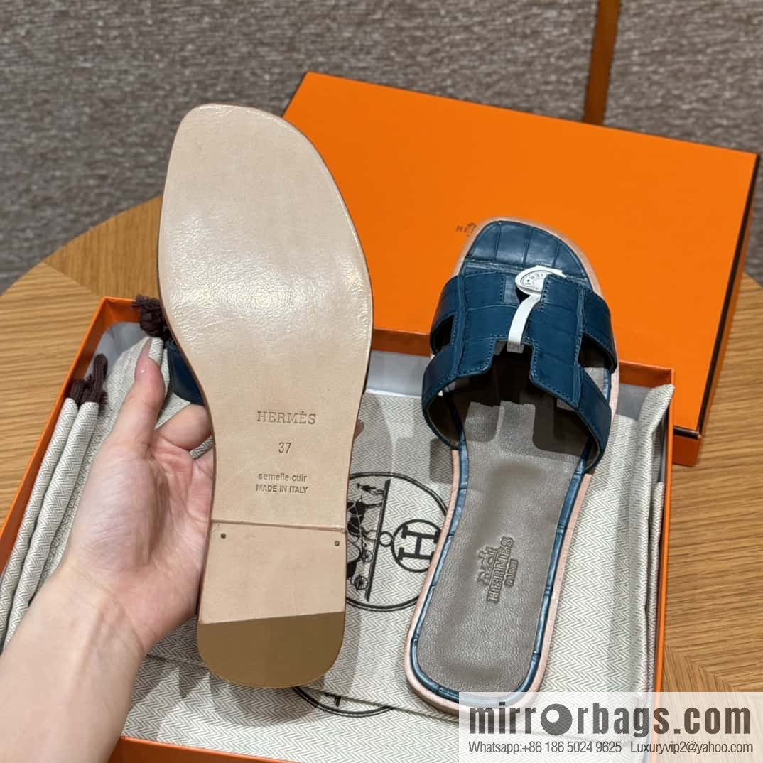 Hermès 181 Oran Sandals, Greek Blue/7Q/Mykonos Crocodile/alligator🐊