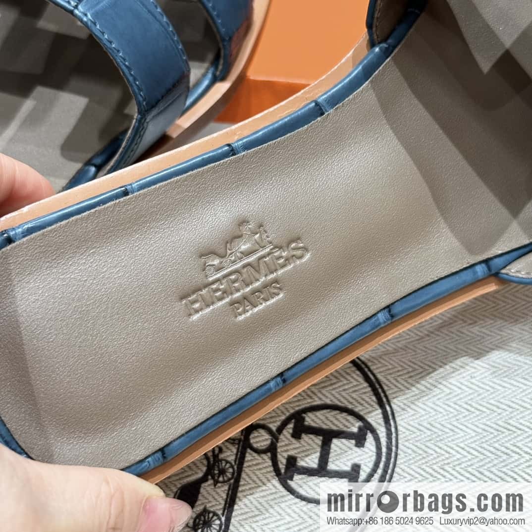 Hermès 181 Oran Sandals, Greek Blue/7Q/Mykonos Crocodile/alligator🐊